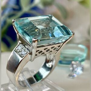 16.24ct‼️Aquamarine & white Sapphire Silver 925 ring